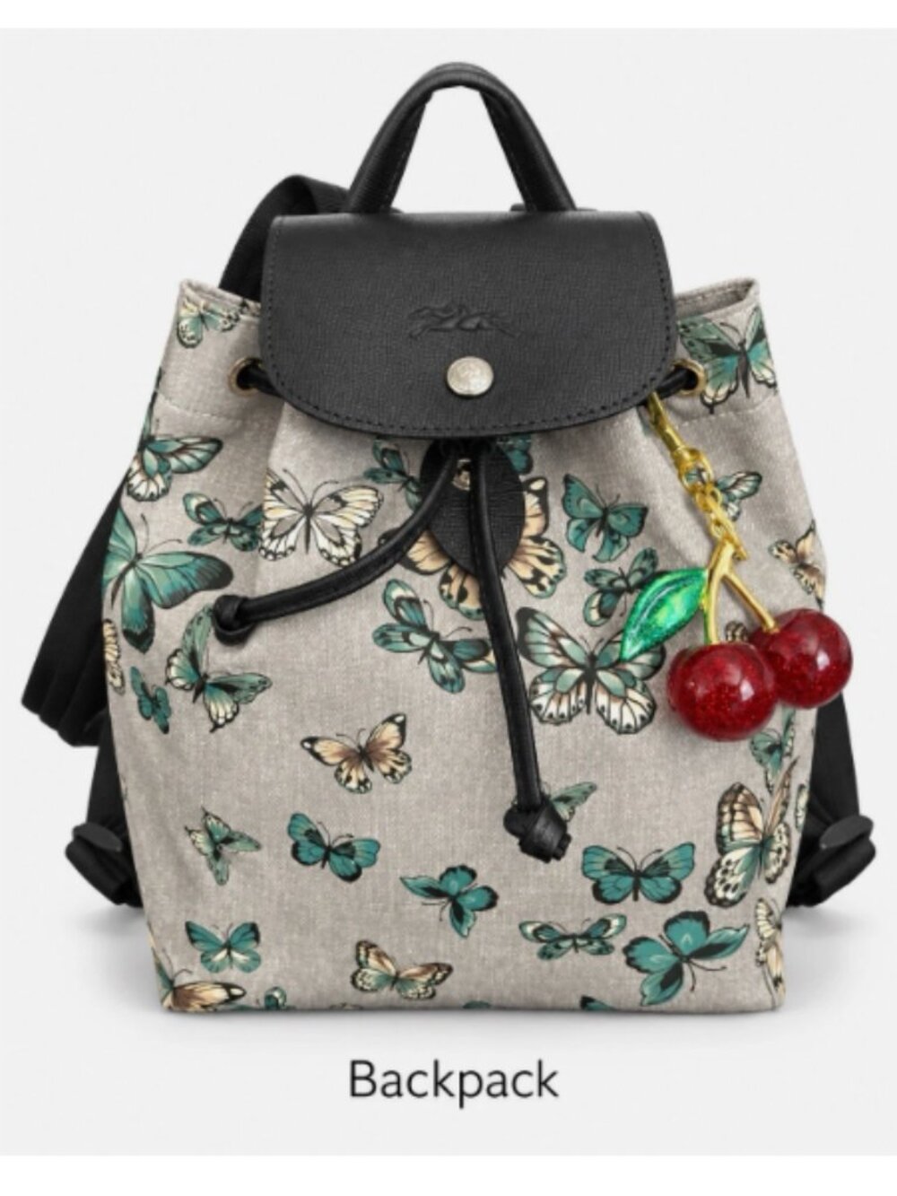 LONGCHAMP Le Pliage Backpack Butterfly Papillon Gray Canvas Cherry Charm Leather